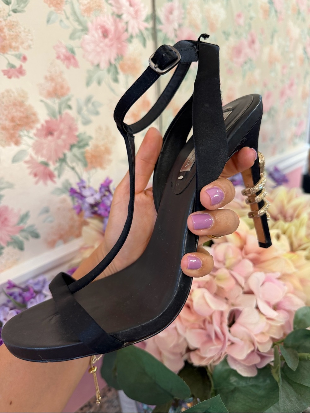 BCBGMaxAzria Black Strappy High Heels with Gold Embellished Heel - Picture 7 of 7